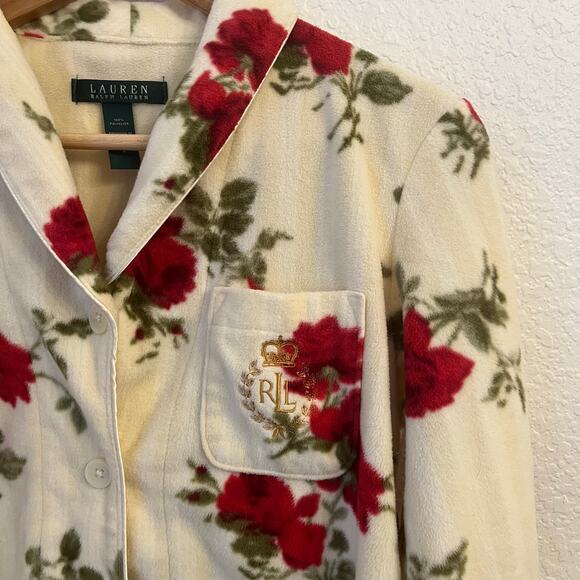 Lauren Ralph Lauren Fleece Pajama Top Small Rose Floral - Picture 8 of 11